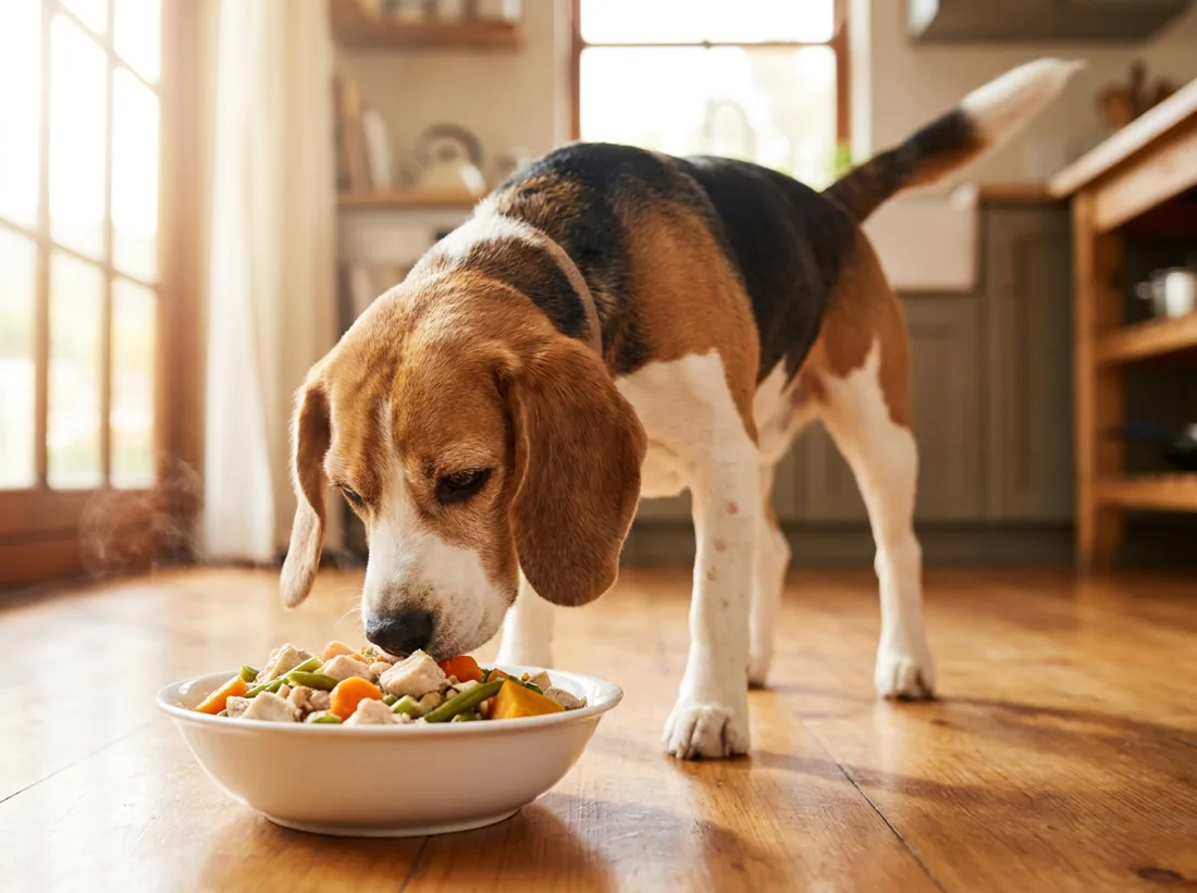 Beagle happily eating a bowl of fresh food