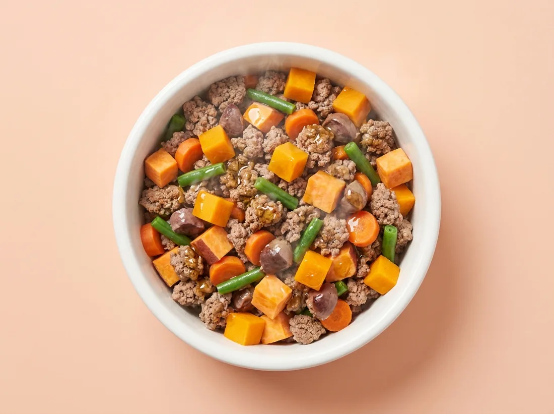 Fresh gently cooked beef recipe with pumpkin, sweet potato, carrots and green beans