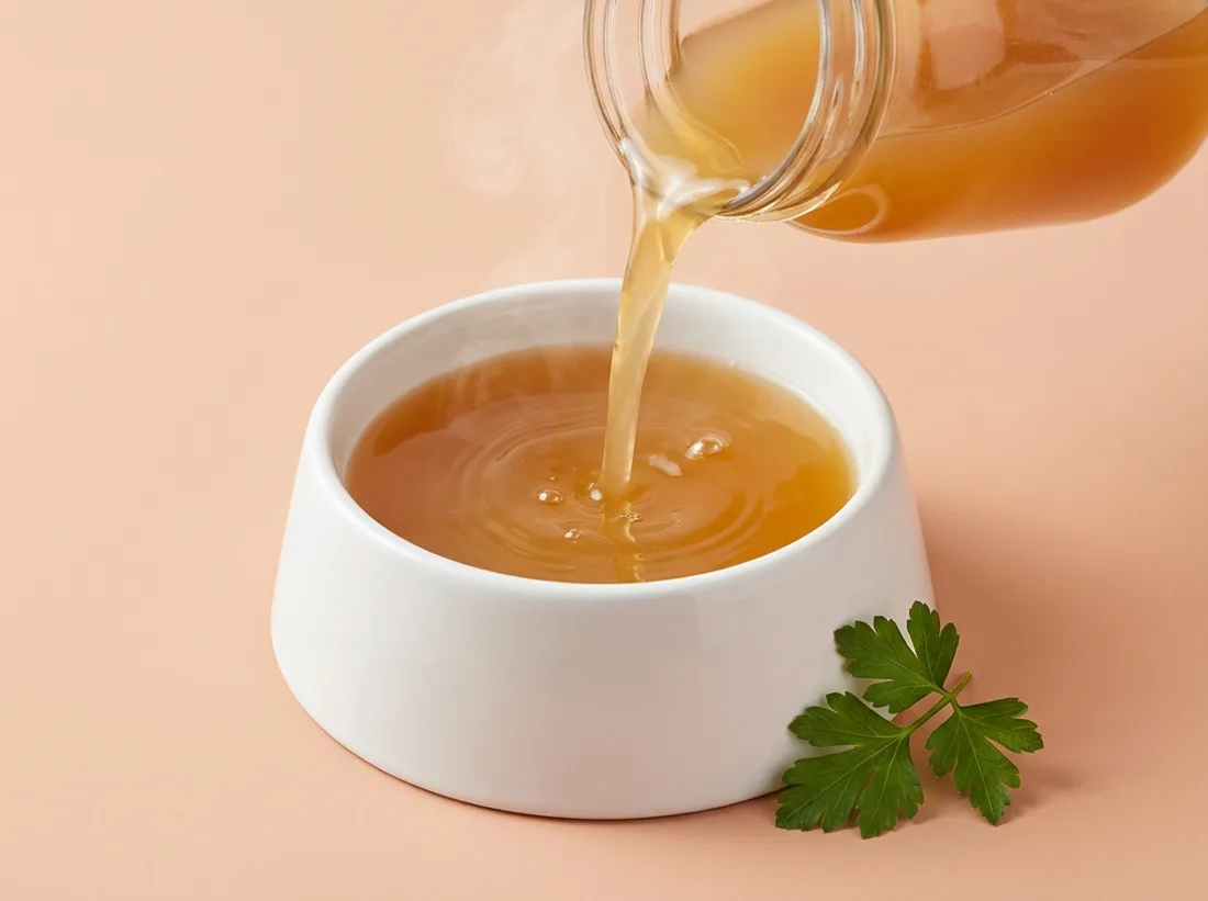 Golden bone broth poured into a pet bowl