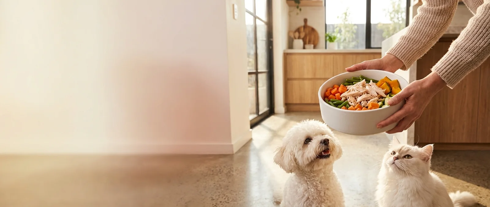 A bowl of fresh food being served to a waiting dog and cat