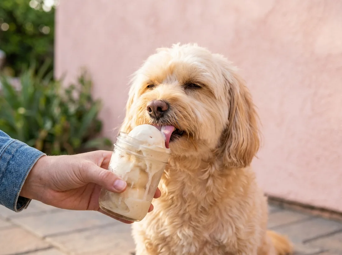 Dog enjoying Mila's bone-broth based pet ice cream