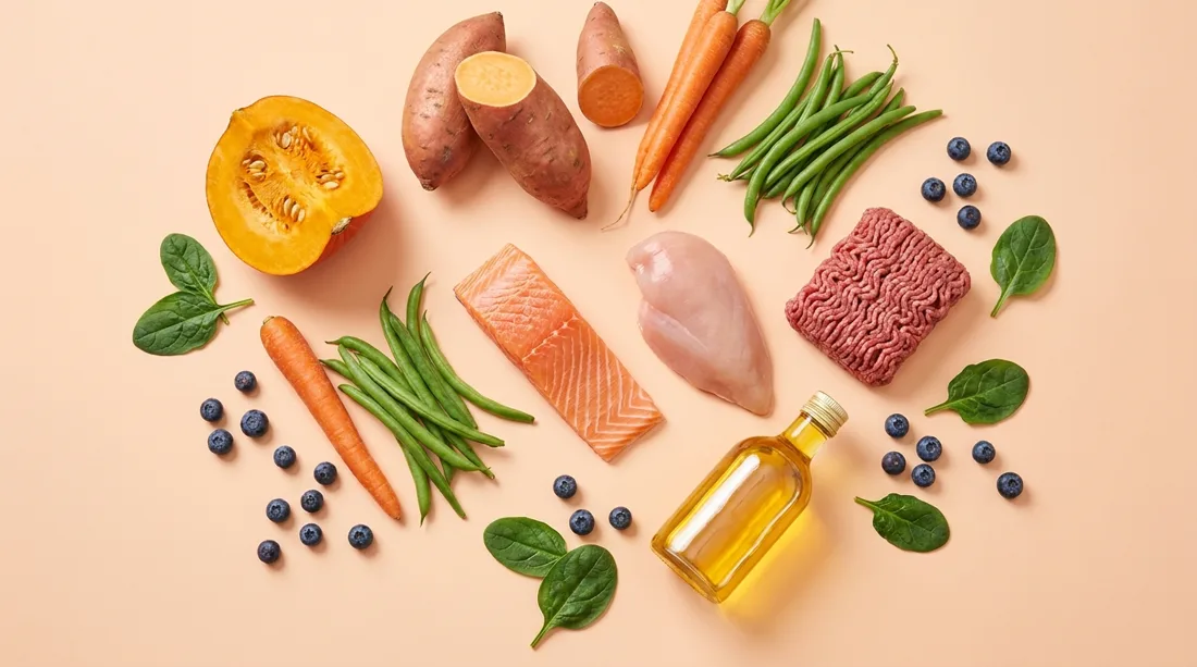 Fresh human-grade ingredients: meat, salmon, carrots, green beans, pumpkin, sweet potato and spinach
